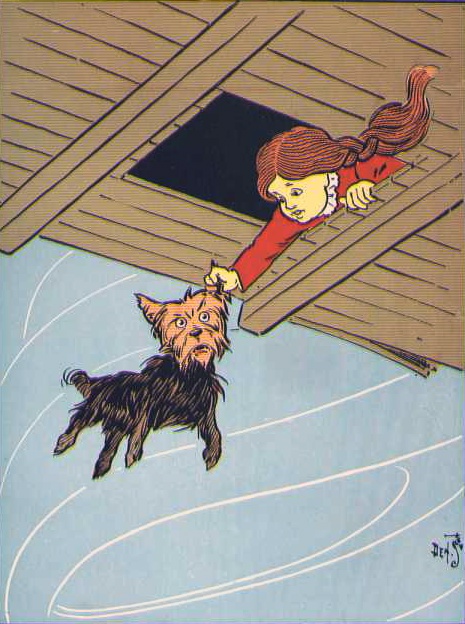 Dorothy catches Toto by the ear as their house is caught up in a cyclone (tornado). First edition illustration by W. W. Denslow